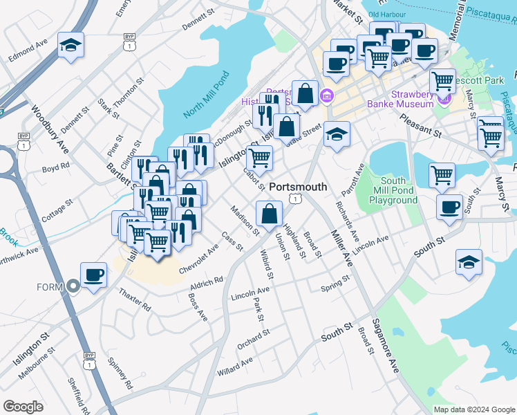 map of restaurants, bars, coffee shops, grocery stores, and more near 274 Austin Street in Portsmouth