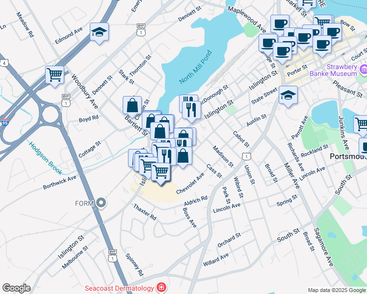 map of restaurants, bars, coffee shops, grocery stores, and more near 566 Islington Street in Portsmouth