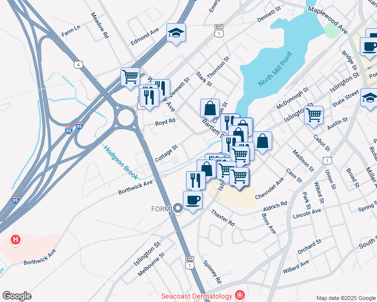 map of restaurants, bars, coffee shops, grocery stores, and more near 267 Cate Street in Portsmouth