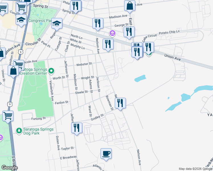 map of restaurants, bars, coffee shops, grocery stores, and more near 89 Nelson Avenue in Saratoga Springs