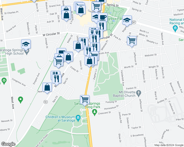 map of restaurants, bars, coffee shops, grocery stores, and more near 148 South Broadway in Saratoga Springs