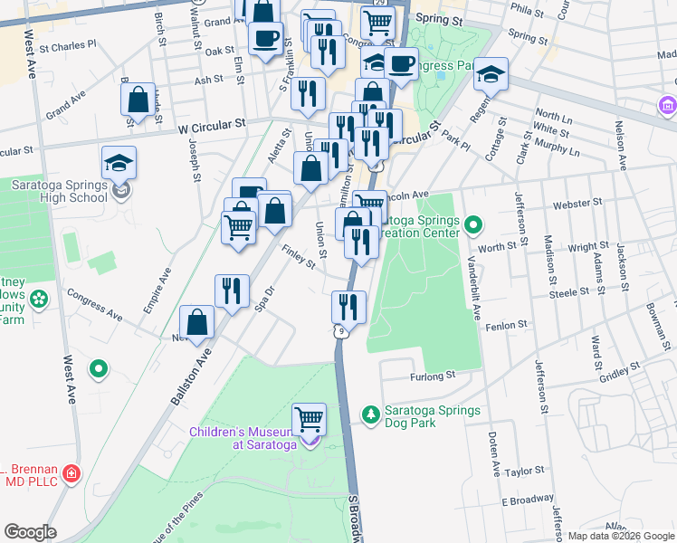 map of restaurants, bars, coffee shops, grocery stores, and more near 5 Adelphi Street in Saratoga Springs