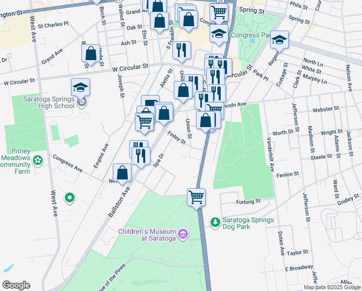 map of restaurants, bars, coffee shops, grocery stores, and more near 34 Spa Drive in Saratoga Springs