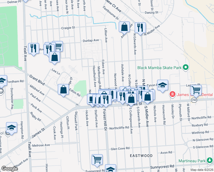 map of restaurants, bars, coffee shops, grocery stores, and more near 147-51 Fobes Avenue in Syracuse