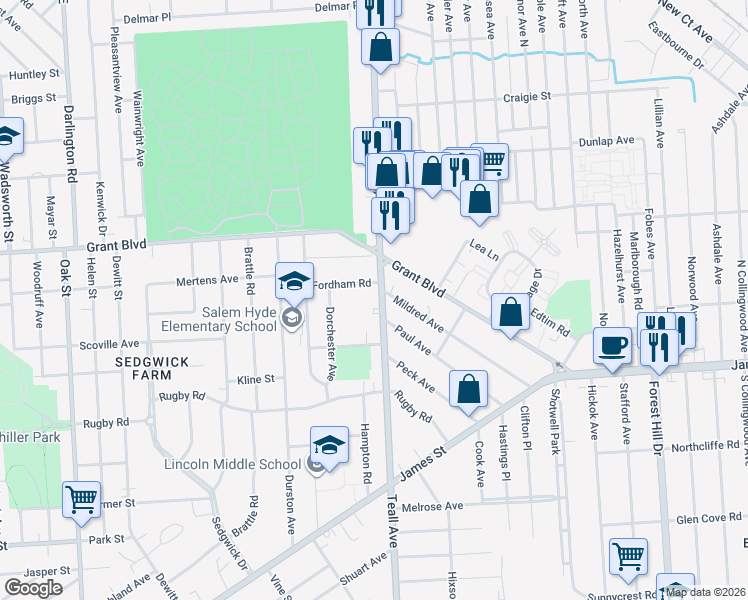 map of restaurants, bars, coffee shops, grocery stores, and more near 1623 Teall Avenue in Syracuse