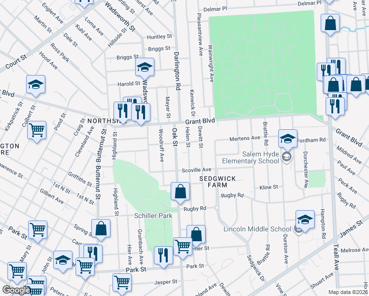 map of restaurants, bars, coffee shops, grocery stores, and more near 656 Helen Street in Syracuse