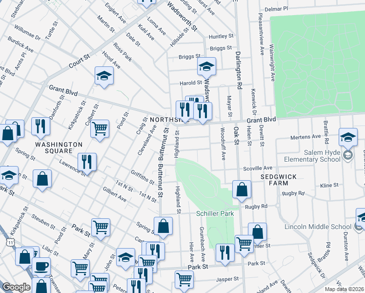 map of restaurants, bars, coffee shops, grocery stores, and more near 1312 Highland Street in Syracuse