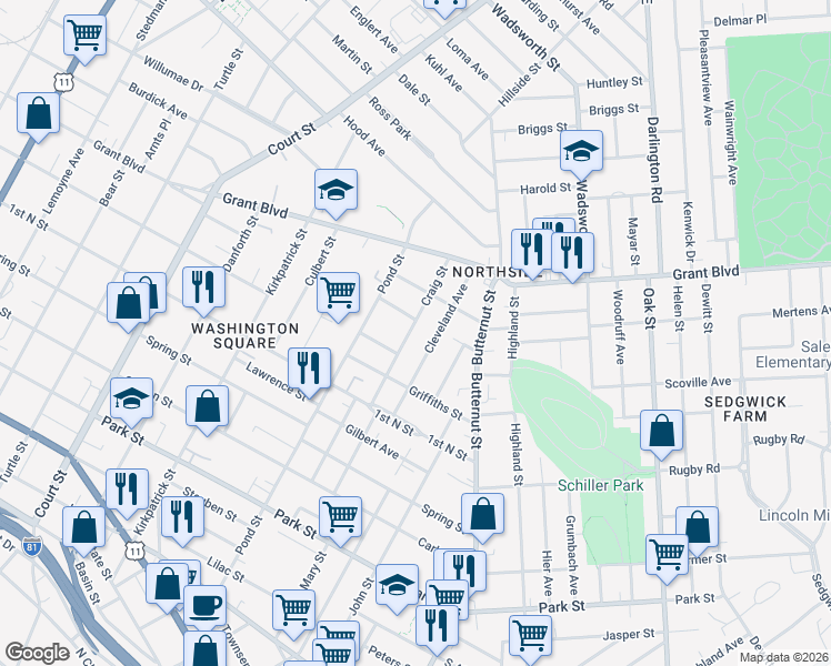 map of restaurants, bars, coffee shops, grocery stores, and more near 331 Craig Street in Syracuse