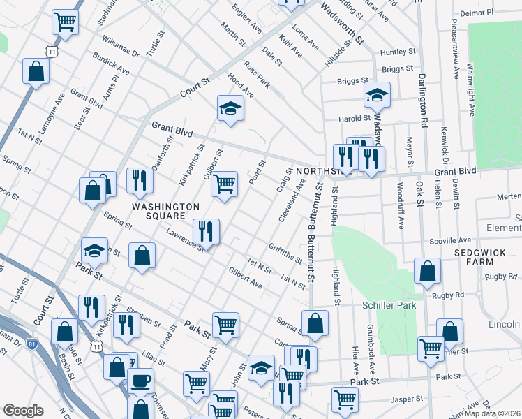map of restaurants, bars, coffee shops, grocery stores, and more near 331 Craig Street in Syracuse