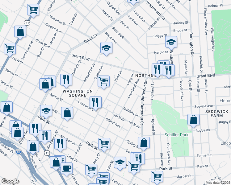 map of restaurants, bars, coffee shops, grocery stores, and more near 114 High Street in Syracuse