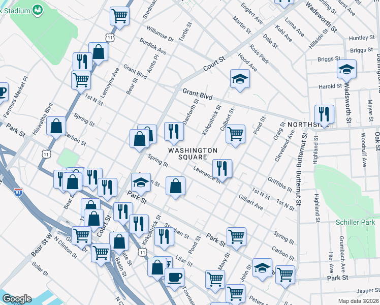 map of restaurants, bars, coffee shops, grocery stores, and more near in Syracuse