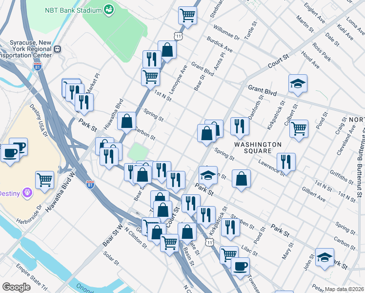 map of restaurants, bars, coffee shops, grocery stores, and more near 1010 Carbon Street in Syracuse