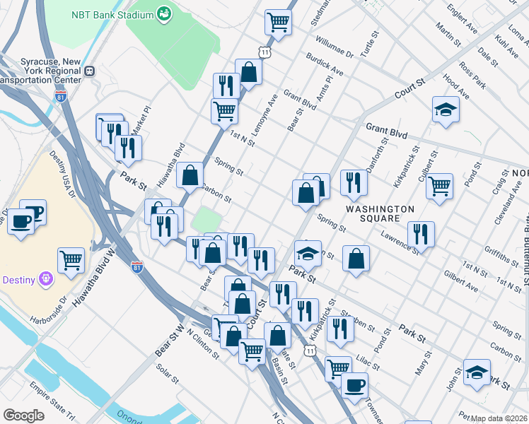map of restaurants, bars, coffee shops, grocery stores, and more near 1010 Carbon Street in Syracuse