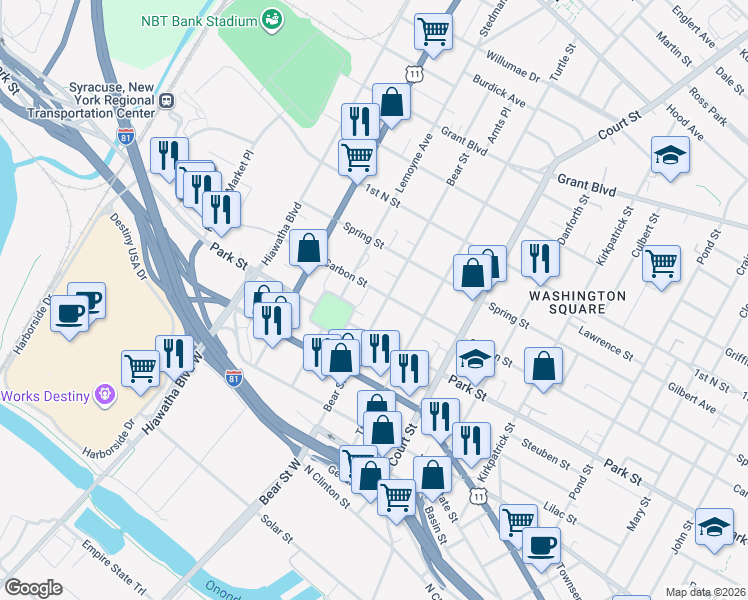 map of restaurants, bars, coffee shops, grocery stores, and more near 1103 Carbon Street in Syracuse