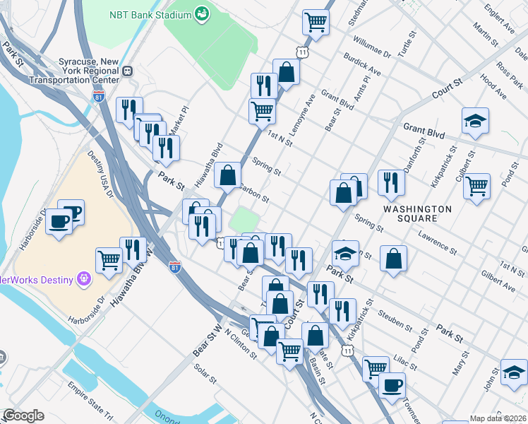 map of restaurants, bars, coffee shops, grocery stores, and more near 1103 Carbon Street in Syracuse