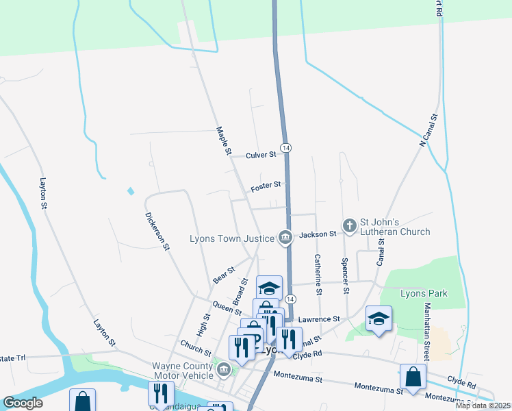 map of restaurants, bars, coffee shops, grocery stores, and more near 21 Maple Street in Lyons