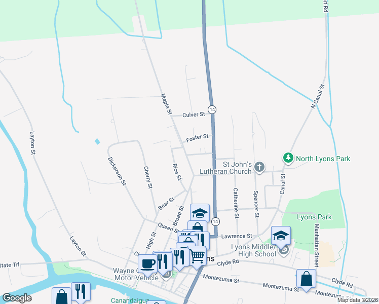 map of restaurants, bars, coffee shops, grocery stores, and more near 21 Maple Street in Lyons