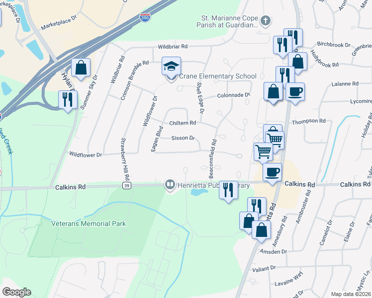 map of restaurants, bars, coffee shops, grocery stores, and more near 68 Eagan Boulevard in Rochester