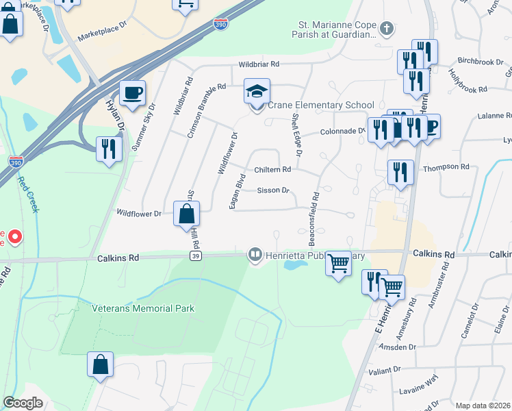map of restaurants, bars, coffee shops, grocery stores, and more near 45 Sisson Drive in Rochester