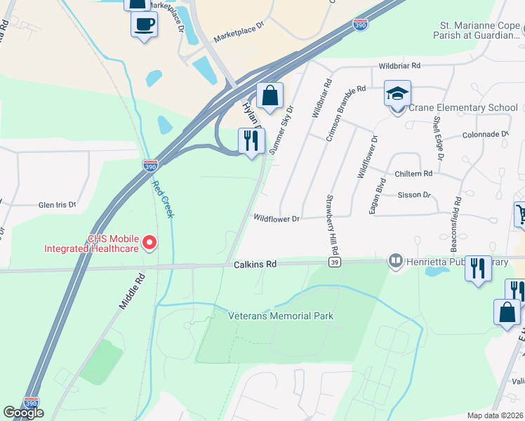 map of restaurants, bars, coffee shops, grocery stores, and more near 566 Wildbriar Road in Rochester