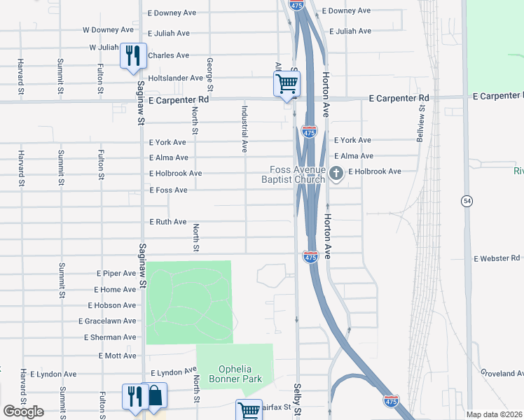 map of restaurants, bars, coffee shops, grocery stores, and more near 1026 East Lorado Avenue in Flint