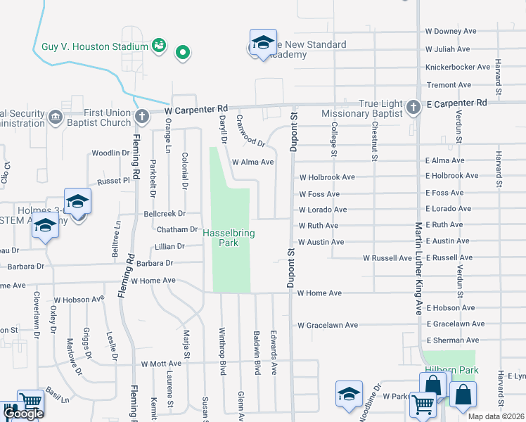 map of restaurants, bars, coffee shops, grocery stores, and more near 6513 Daryll Drive in Flint