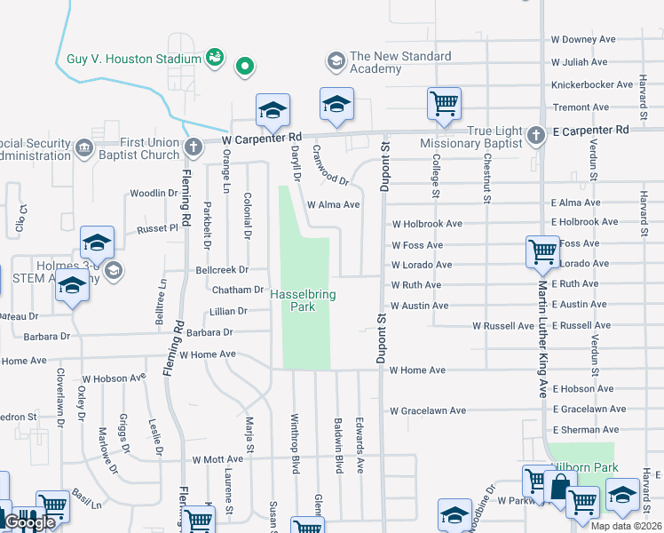 map of restaurants, bars, coffee shops, grocery stores, and more near 6513 Daryll Drive in Flint