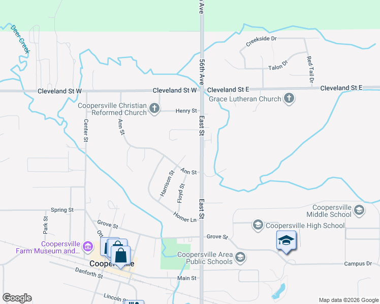 map of restaurants, bars, coffee shops, grocery stores, and more near 619 East Street in Coopersville