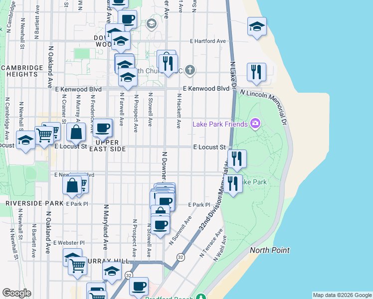 map of restaurants, bars, coffee shops, grocery stores, and more near 2905 North Summit Avenue in Milwaukee