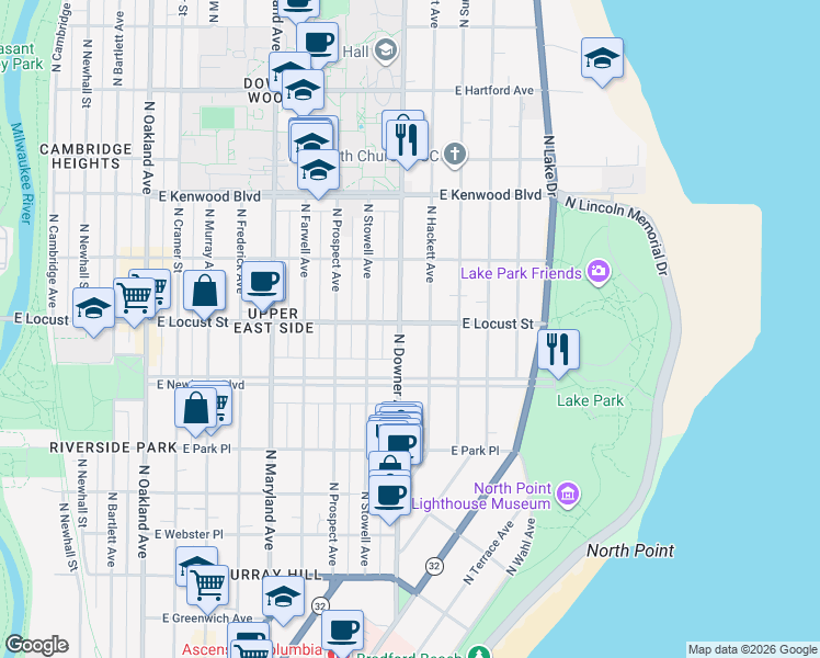 map of restaurants, bars, coffee shops, grocery stores, and more near 2606 East Locust Street in Milwaukee