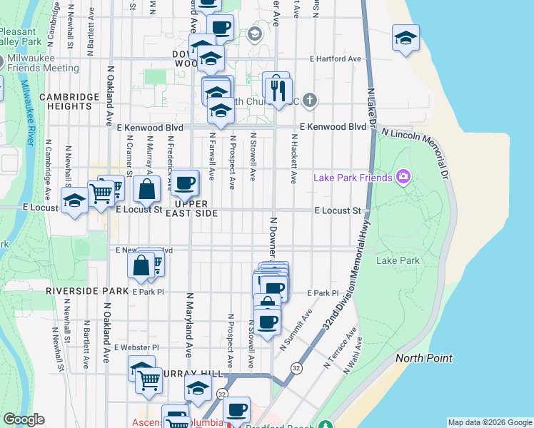 map of restaurants, bars, coffee shops, grocery stores, and more near 2866 North Stowell Avenue in Milwaukee