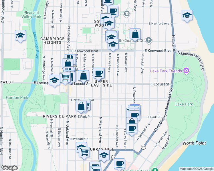 map of restaurants, bars, coffee shops, grocery stores, and more near 2903 North Farwell Avenue in Milwaukee