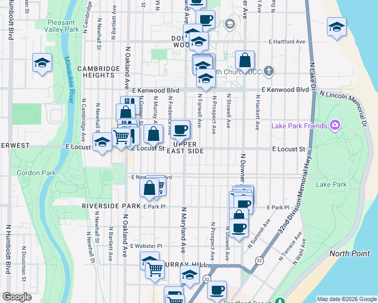 map of restaurants, bars, coffee shops, grocery stores, and more near 2903 North Farwell Avenue in Milwaukee