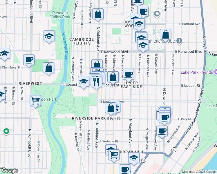 map of restaurants, bars, coffee shops, grocery stores, and more near 2866 North Cramer Street in Milwaukee
