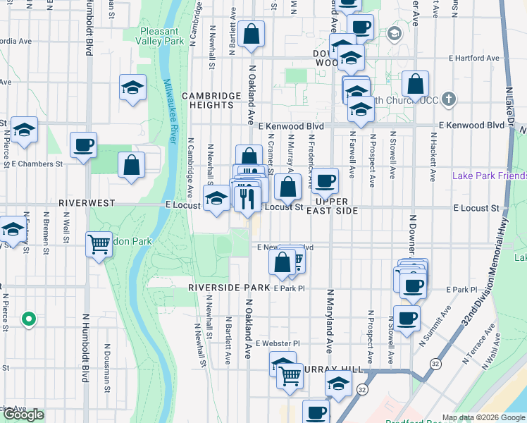 map of restaurants, bars, coffee shops, grocery stores, and more near 2866 North Cramer Street in Milwaukee