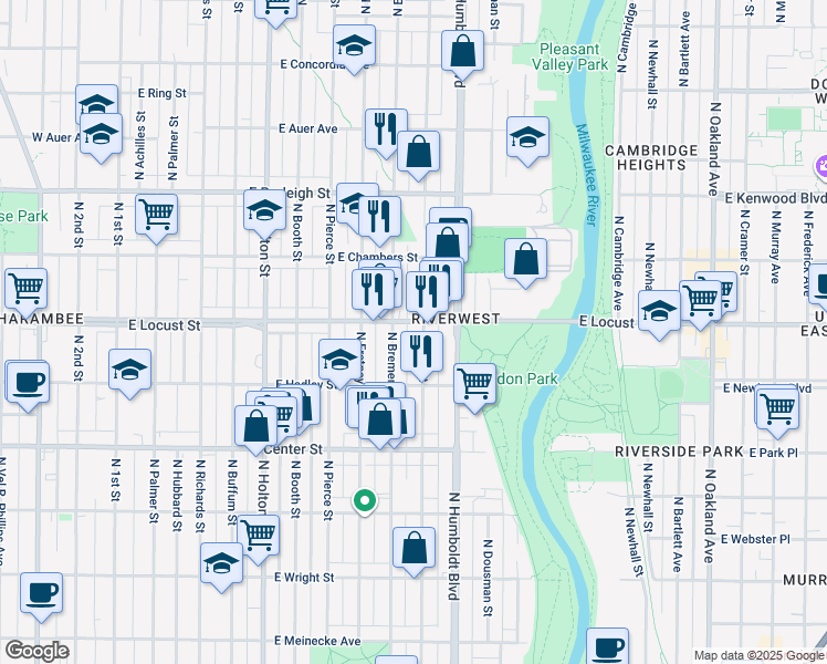 map of restaurants, bars, coffee shops, grocery stores, and more near 103 East Locust Street in Milwaukee
