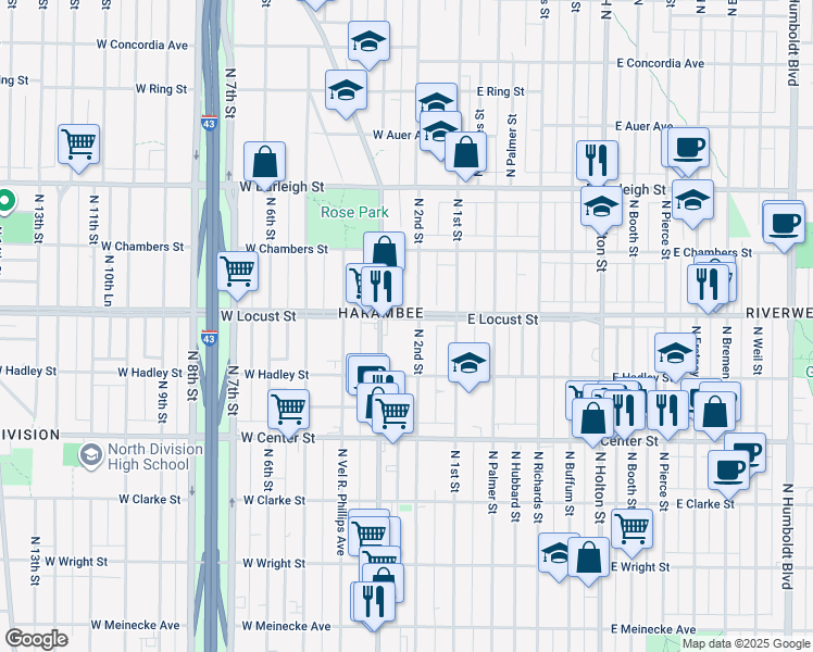 map of restaurants, bars, coffee shops, grocery stores, and more near in Milwaukee