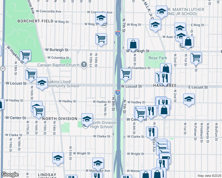 map of restaurants, bars, coffee shops, grocery stores, and more near 2872 North 9th Street in Milwaukee