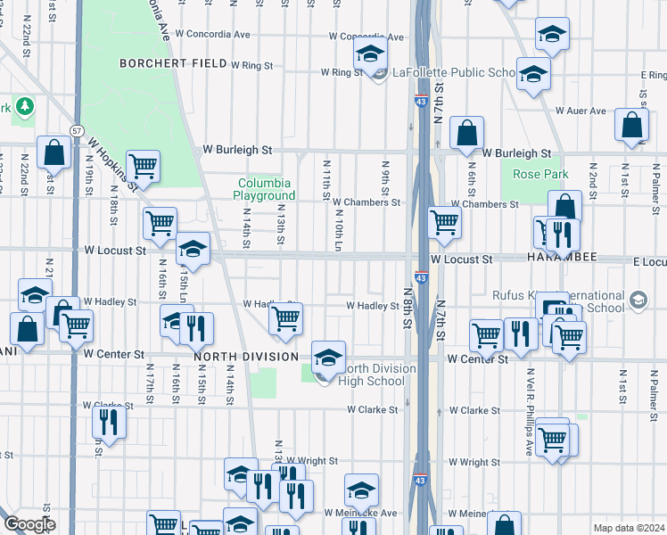 map of restaurants, bars, coffee shops, grocery stores, and more near 2867 North 11th Street in Milwaukee