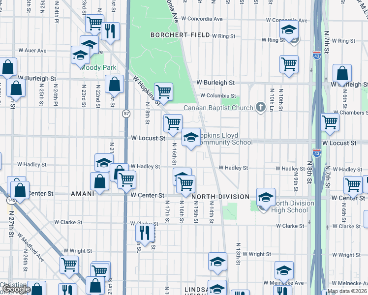 map of restaurants, bars, coffee shops, grocery stores, and more near 2860A North 16th Street in Milwaukee