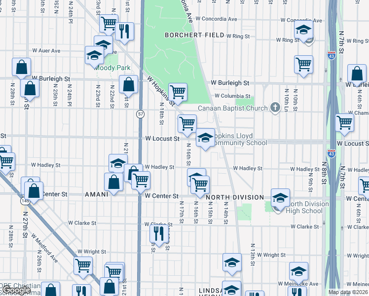 map of restaurants, bars, coffee shops, grocery stores, and more near 2860A North 16th Street in Milwaukee
