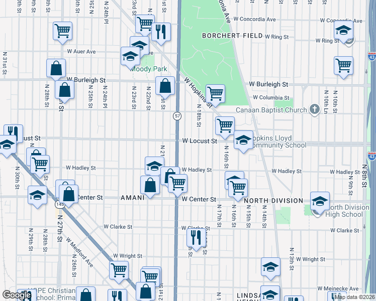 map of restaurants, bars, coffee shops, grocery stores, and more near 2865 North 18th Street in Milwaukee