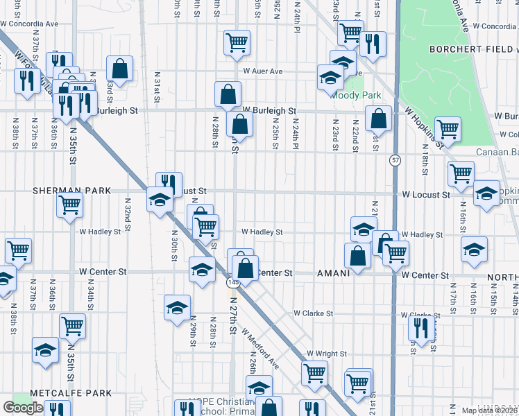 map of restaurants, bars, coffee shops, grocery stores, and more near 2857 North 26th Street in Milwaukee