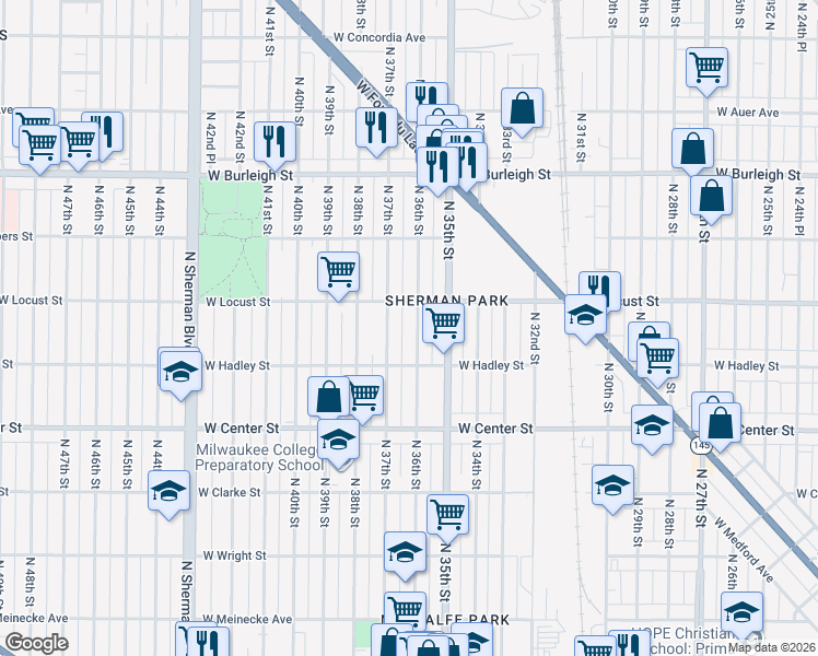 map of restaurants, bars, coffee shops, grocery stores, and more near 2852 North 36th Street in Milwaukee