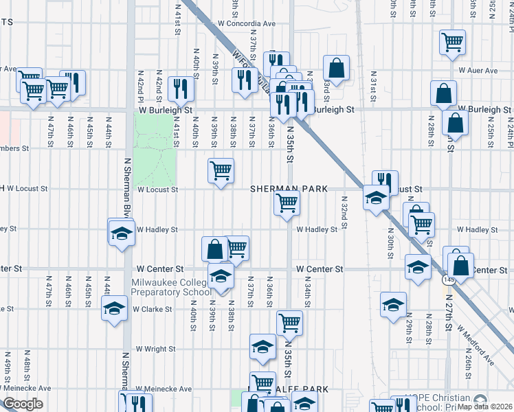 map of restaurants, bars, coffee shops, grocery stores, and more near 2857 North 37th Street in Milwaukee