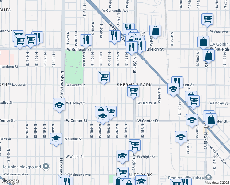 map of restaurants, bars, coffee shops, grocery stores, and more near 2857 North 37th Street in Milwaukee