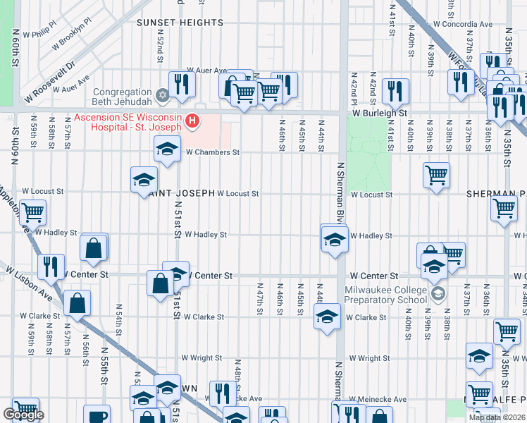 map of restaurants, bars, coffee shops, grocery stores, and more near 2854 North 47th Street in Milwaukee