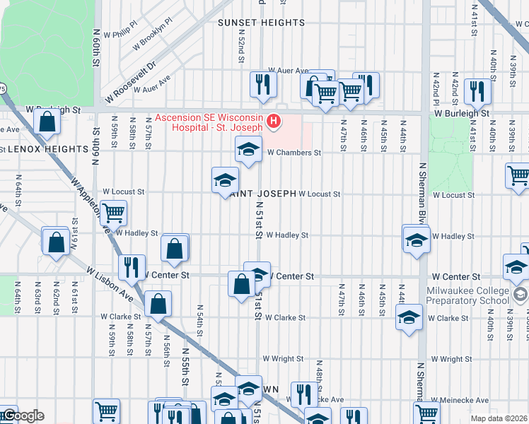map of restaurants, bars, coffee shops, grocery stores, and more near 2857 North 50th Street in Milwaukee