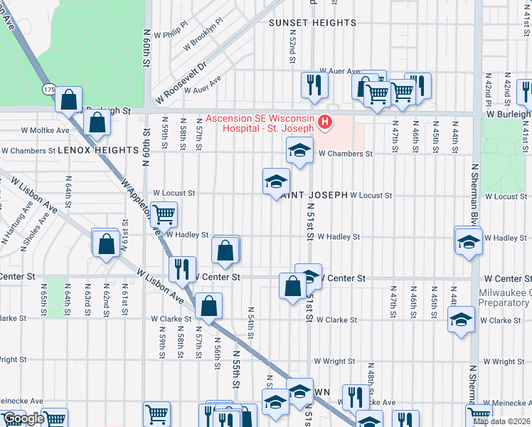 map of restaurants, bars, coffee shops, grocery stores, and more near 2850 North 53rd Street in Milwaukee