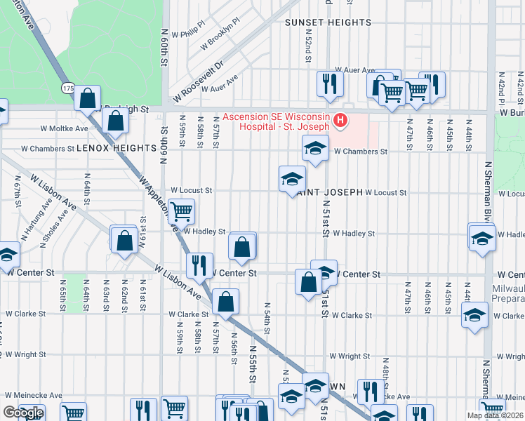 map of restaurants, bars, coffee shops, grocery stores, and more near 2851 North 54th Street in Milwaukee